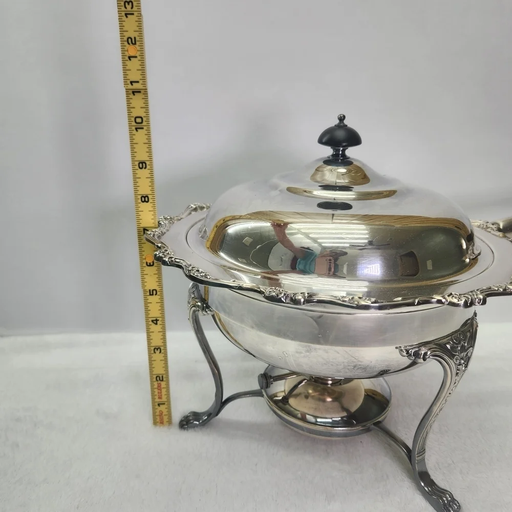 Vtg Elegant Silver Chafing Dish with Black Handle Used To Keep The Food Warm.